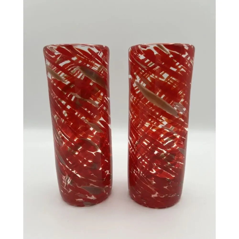 Hand Blown 7” Art Glass Drinking Glasses Vase Red & Gold Confetti Ribbon Swirl